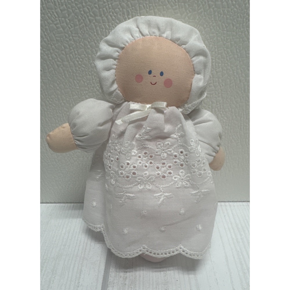 NWT Vintage Eden Small Plush Baby Doll in White Eyelet Dress Rattle Toy NEW 7"